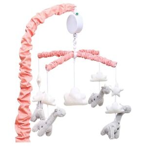 Coral Pink and Grey Digital Musical Crib Mobile with Giraffes, Clouds‎ & Stars..